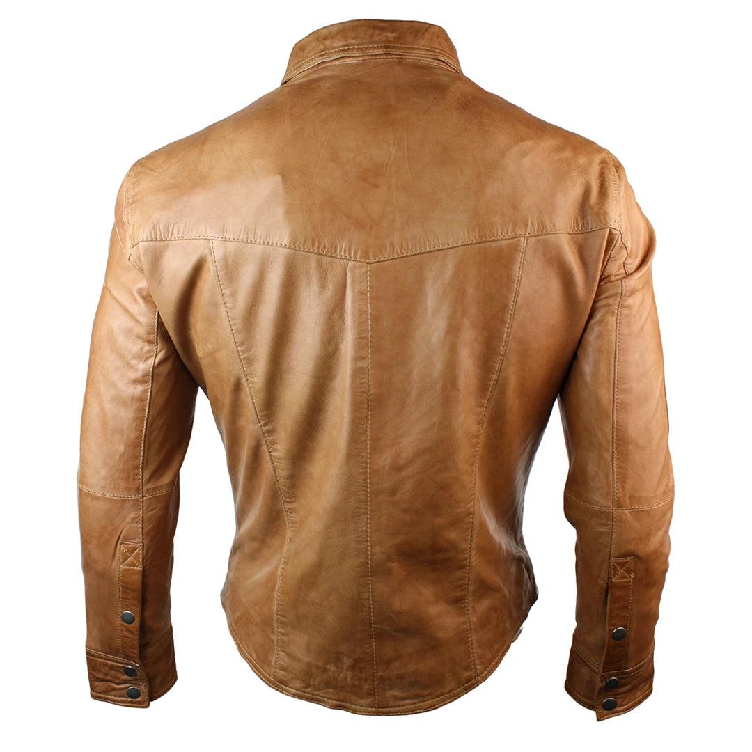 Mens Real Leather Shirt Jacket Tan Brown Black Slim Fit Casual Retro Vintage - Knighthood Store
