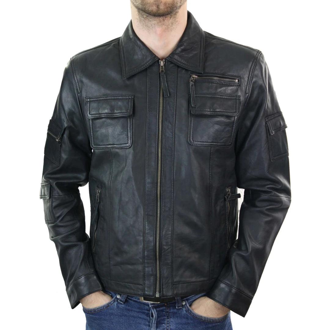 Mens Short Box Real Leather Jacket Black Vintage Slim Fit Retro Zipped Casual - Knighthood Store