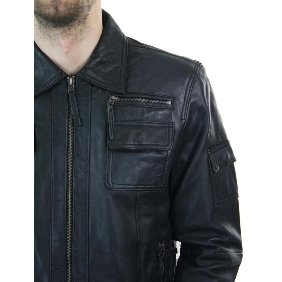 Mens Short Box Real Leather Jacket Black Vintage Slim Fit Retro Zipped Casual - Knighthood Store