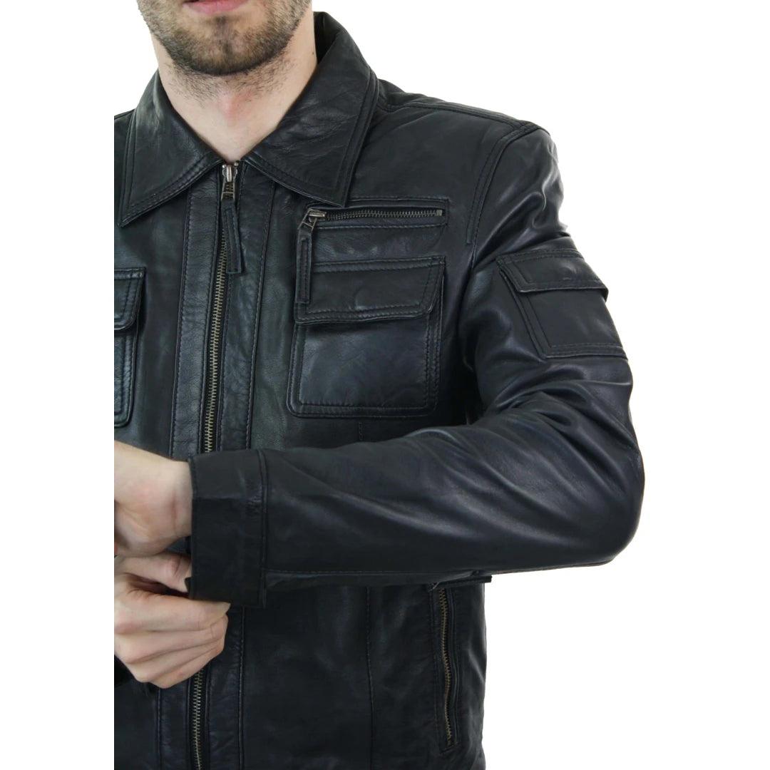 Mens Short Box Real Leather Jacket Black Vintage Slim Fit Retro Zipped Casual - Knighthood Store