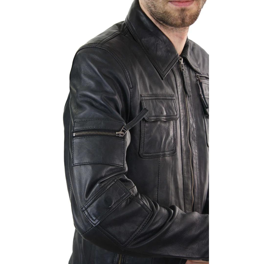 Mens Short Box Real Leather Jacket Black Vintage Slim Fit Retro Zipped Casual - Knighthood Store