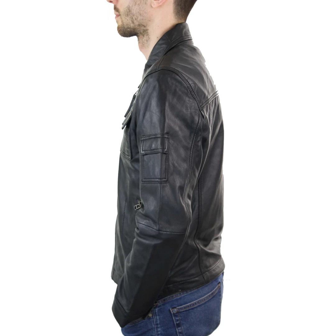 Mens Short Box Real Leather Jacket Black Vintage Slim Fit Retro Zipped Casual - Knighthood Store