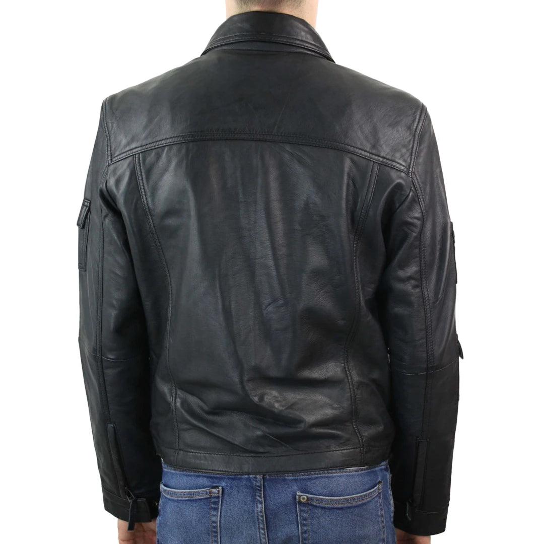 Mens Short Box Real Leather Jacket Black Vintage Slim Fit Retro Zipped Casual - Knighthood Store