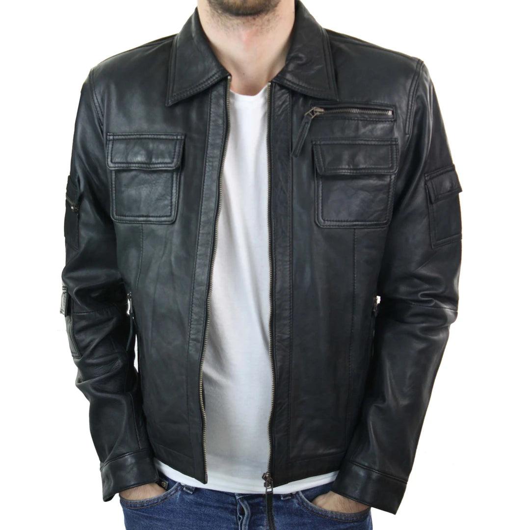 Mens Short Box Real Leather Jacket Black Vintage Slim Fit Retro Zipped Casual - Knighthood Store