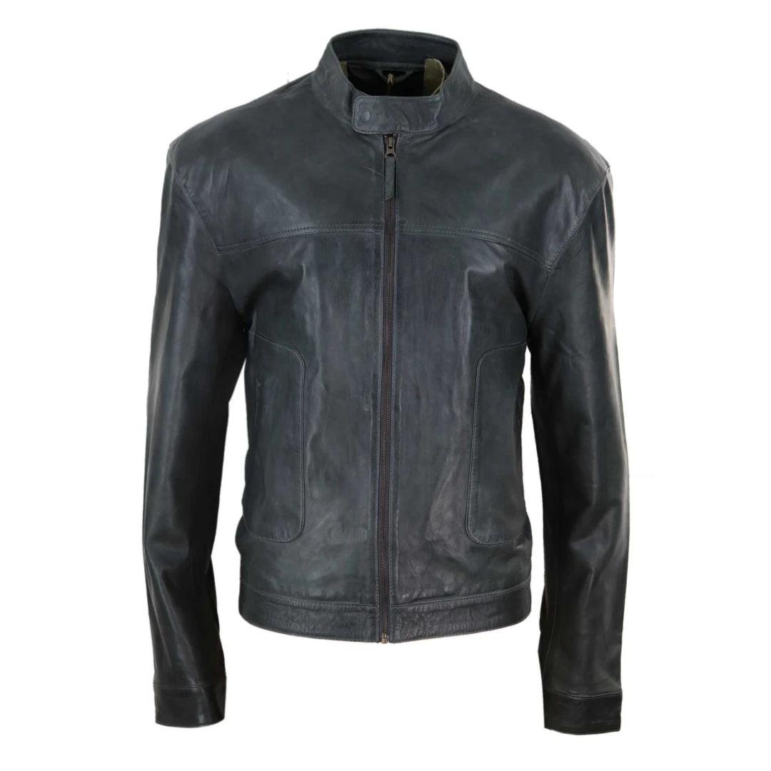 Mens Classic Casual Genuine Leather Biker Style Jacket Collarless Retro - Knighthood Store
