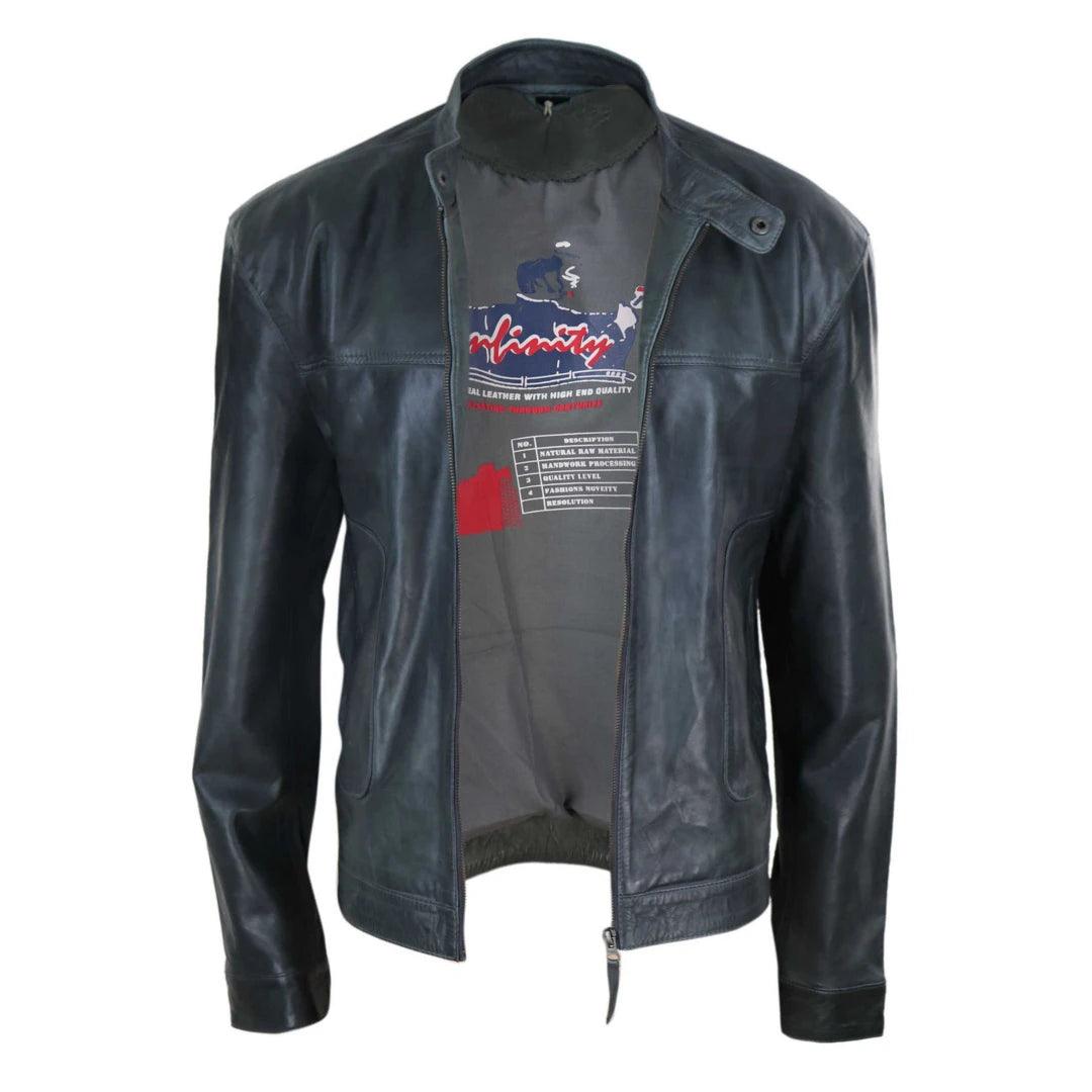 Mens Classic Casual Genuine Leather Biker Style Jacket Collarless Retro - Knighthood Store