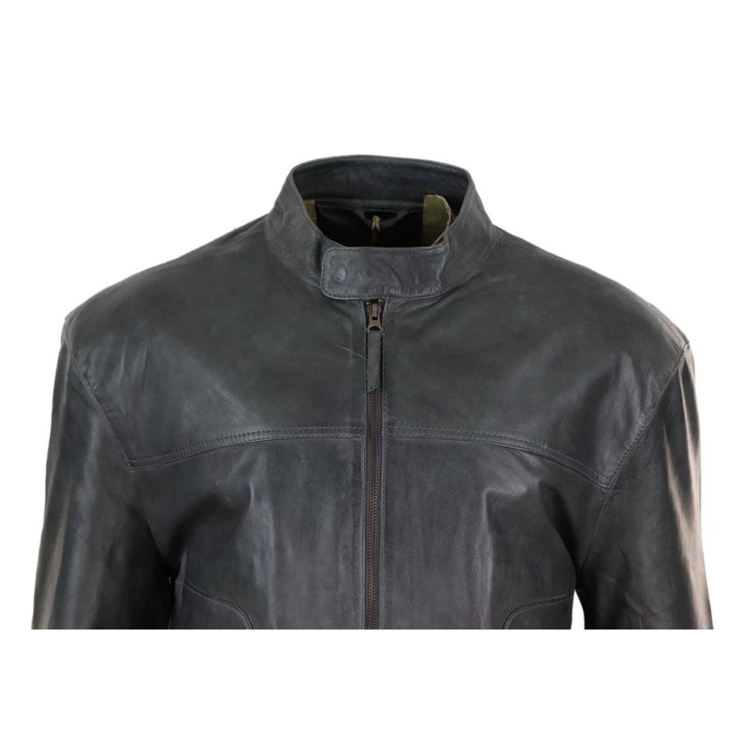 Mens Classic Casual Genuine Leather Biker Style Jacket Collarless Retro - Knighthood Store