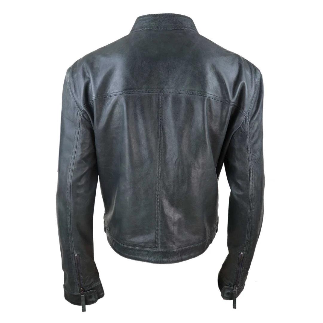 Mens Classic Casual Genuine Leather Biker Style Jacket Collarless Retro - Knighthood Store