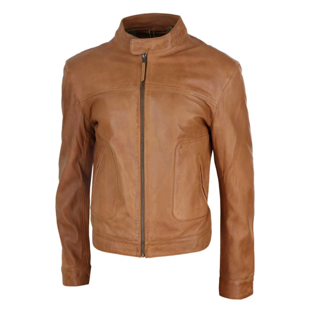 Mens Classic Casual Genuine Leather Biker Style Jacket Collarless Retro - Knighthood Store