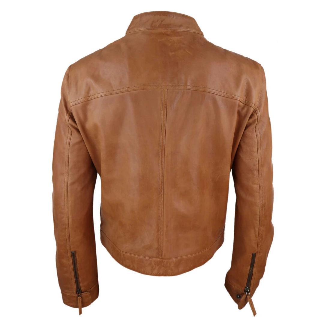 Mens Classic Casual Genuine Leather Biker Style Jacket Collarless Retro - Knighthood Store