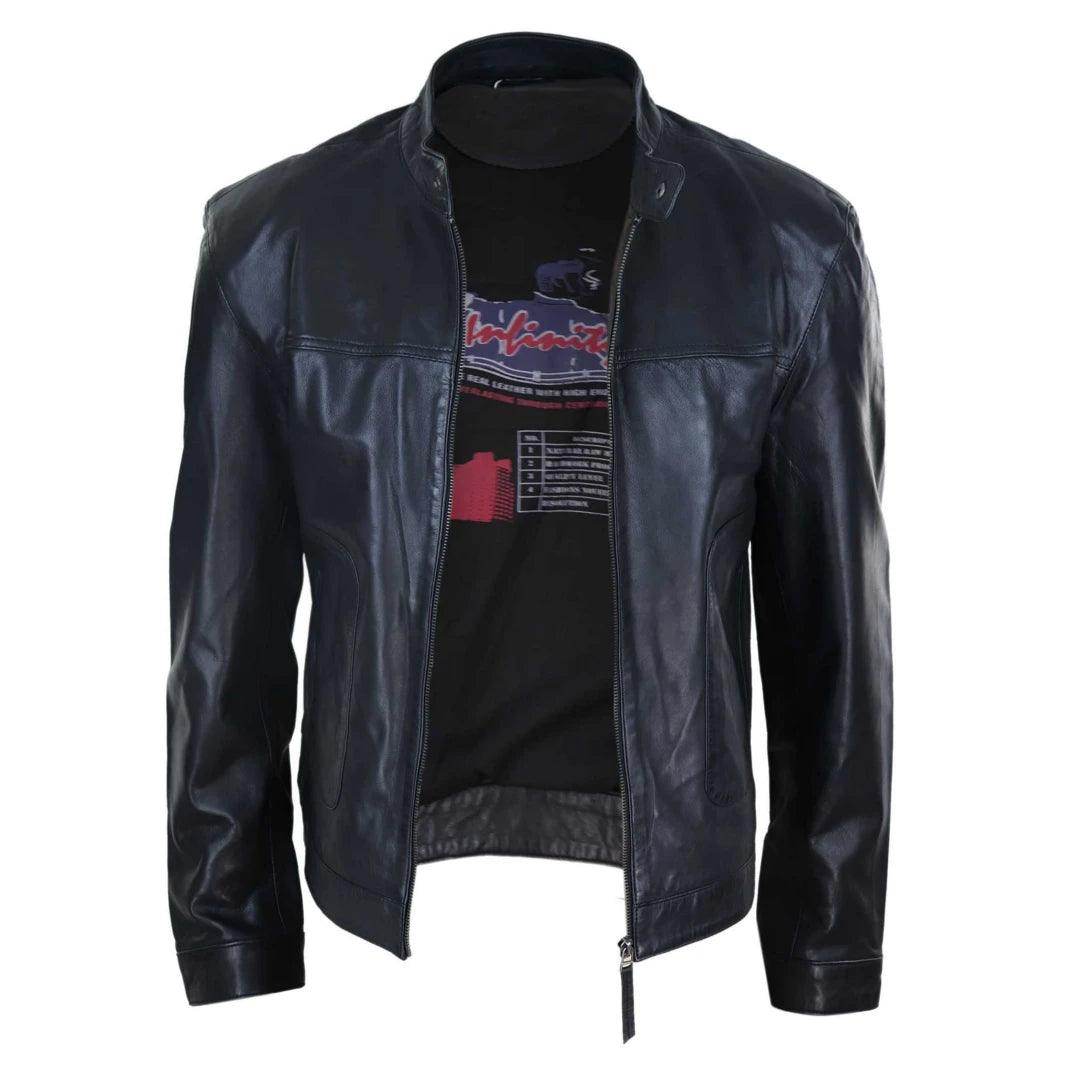 Mens Classic Casual Genuine Leather Biker Style Jacket Collarless Retro - Knighthood Store