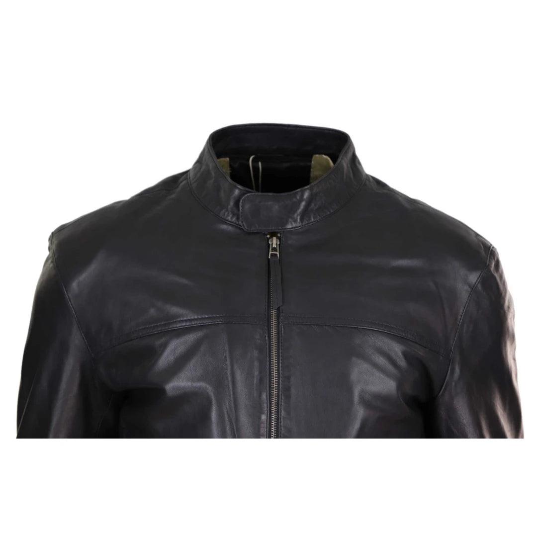 Mens Classic Casual Genuine Leather Biker Style Jacket Collarless Retro - Knighthood Store