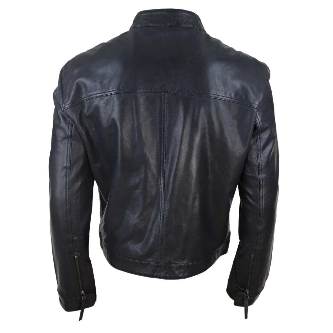 Mens Classic Casual Genuine Leather Biker Style Jacket Collarless Retro - Knighthood Store