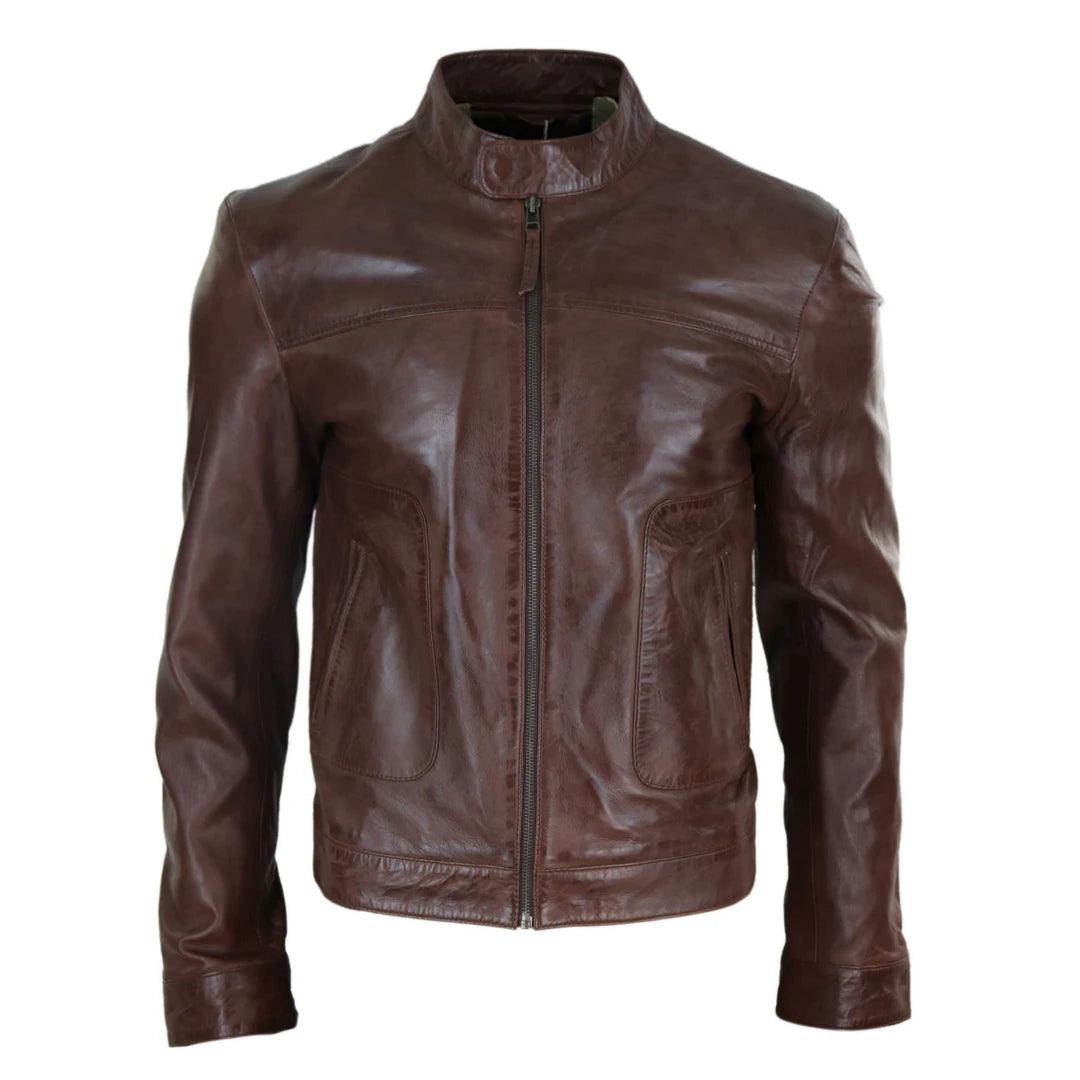 Mens Classic Casual Genuine Leather Biker Style Jacket Collarless Retro - Knighthood Store