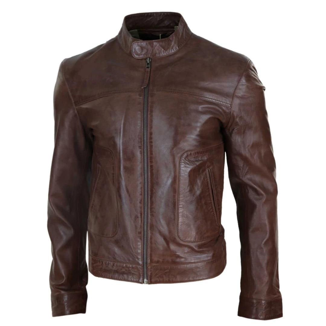 Mens Classic Casual Genuine Leather Biker Style Jacket Collarless Retro - Knighthood Store
