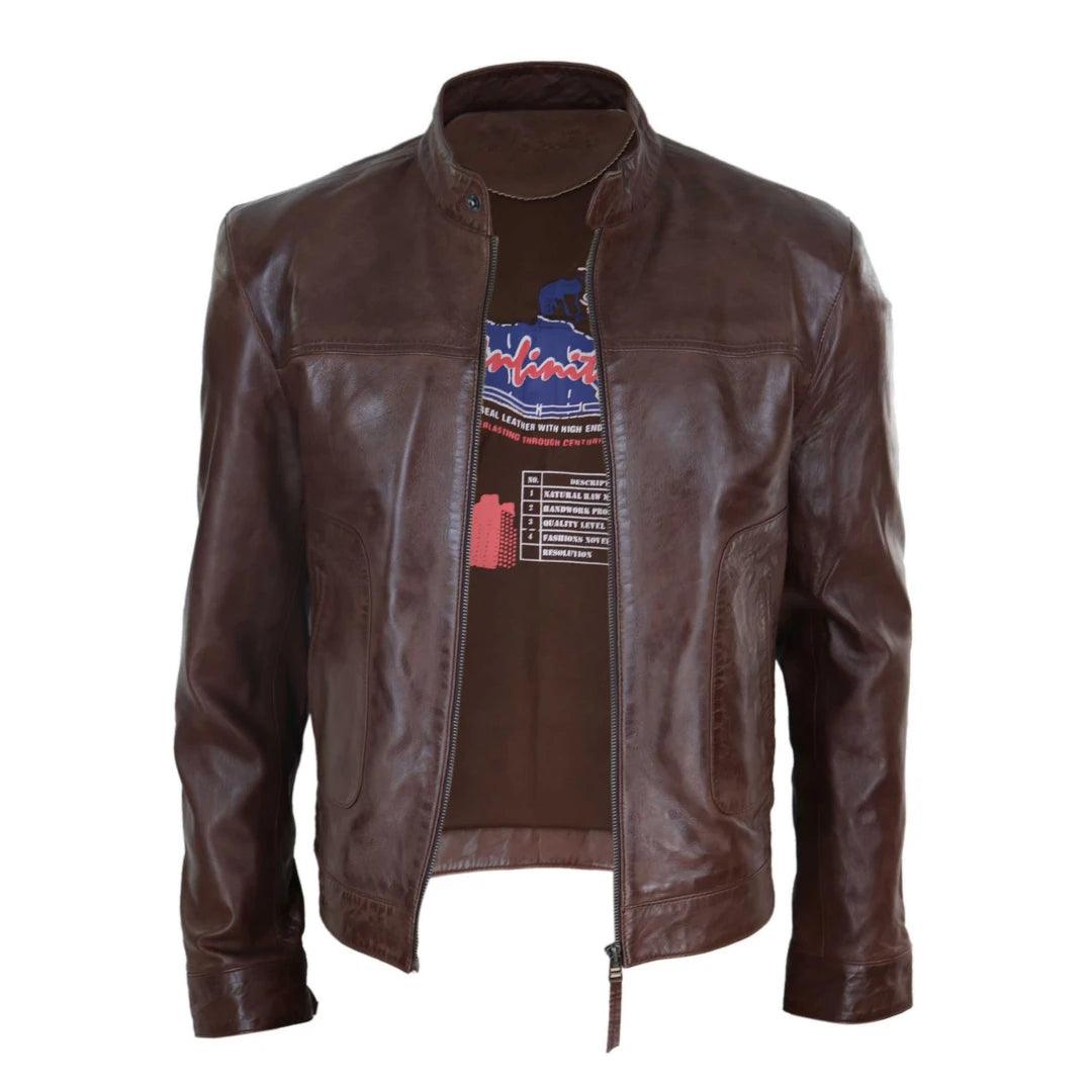 Mens Classic Casual Genuine Leather Biker Style Jacket Collarless Retro - Knighthood Store