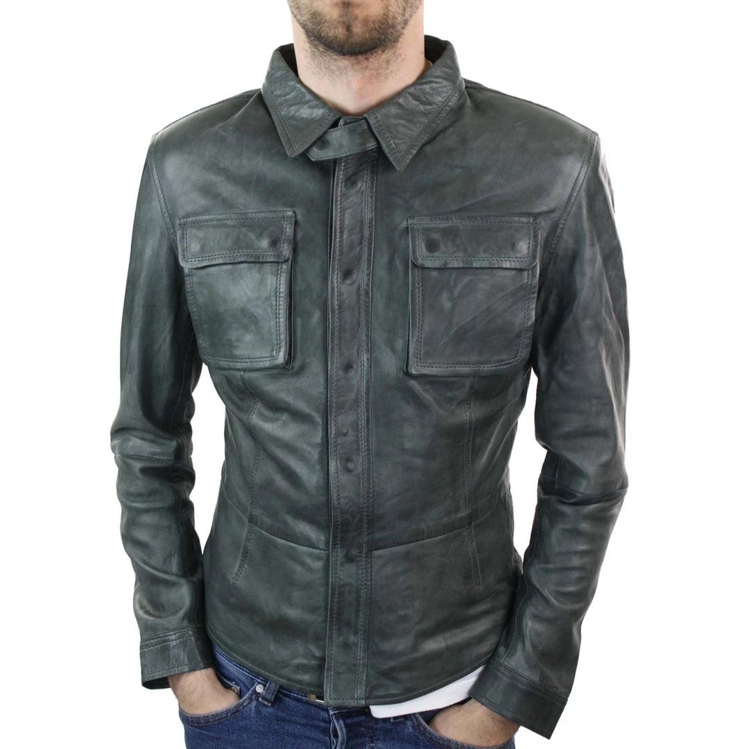 Mens Stud Shirt Real Leather Jacket Tan Grey Black Vintage Skinny Slim Fit Retro - Knighthood Store