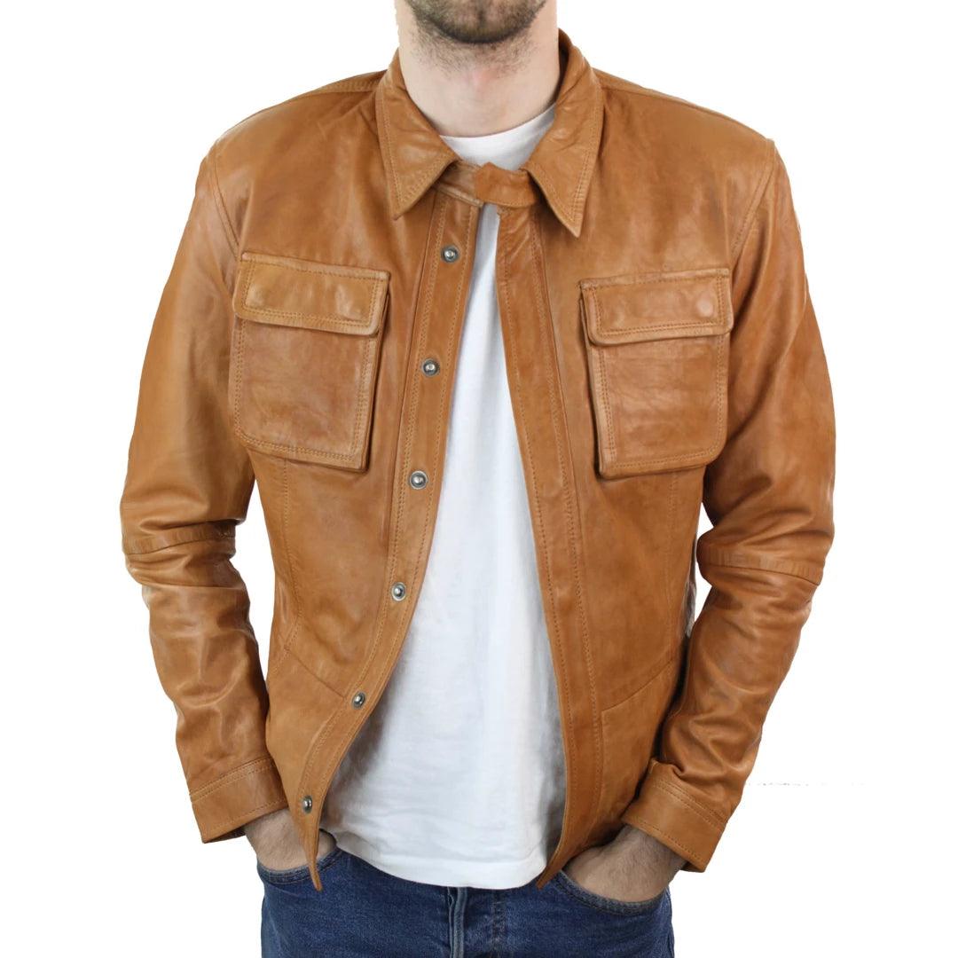 Mens Fitted Vintage Shirt Style Retro Leather Jacket Tan Brown Casual - Knighthood Store