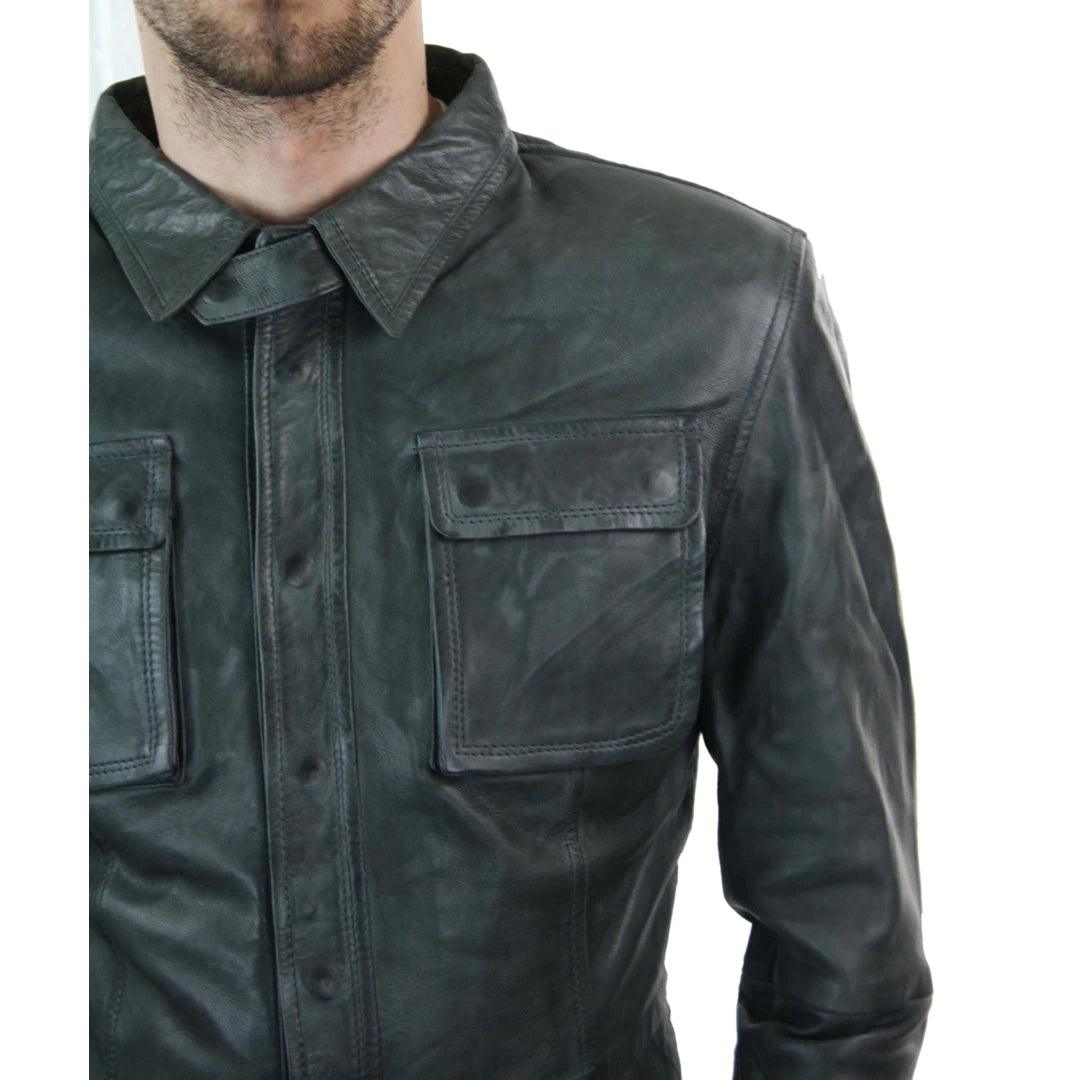 Mens Stud Shirt Real Leather Jacket Tan Grey Black Vintage Skinny Slim Fit Retro - Knighthood Store