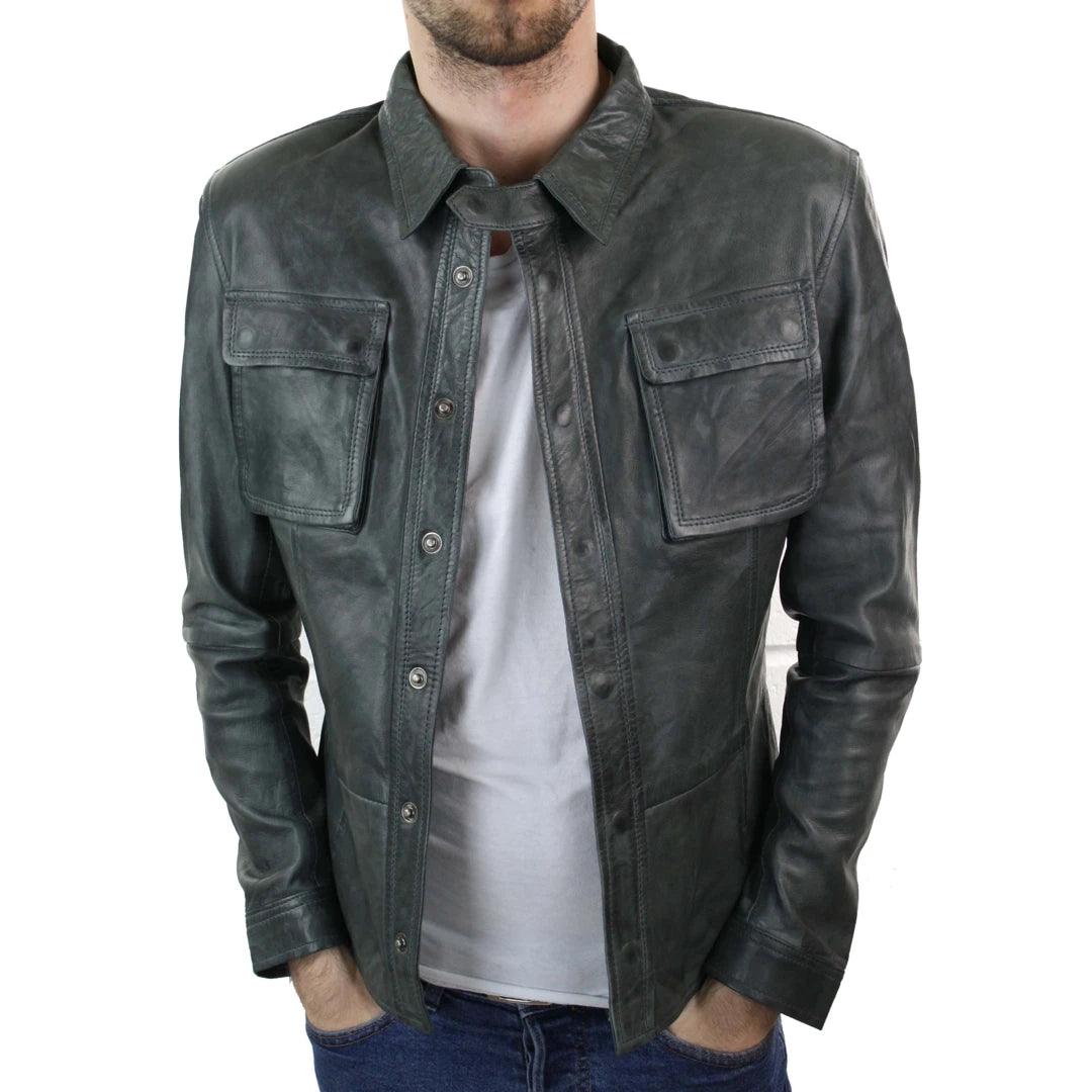 Mens Stud Shirt Real Leather Jacket Tan Grey Black Vintage Skinny Slim Fit Retro - Knighthood Store