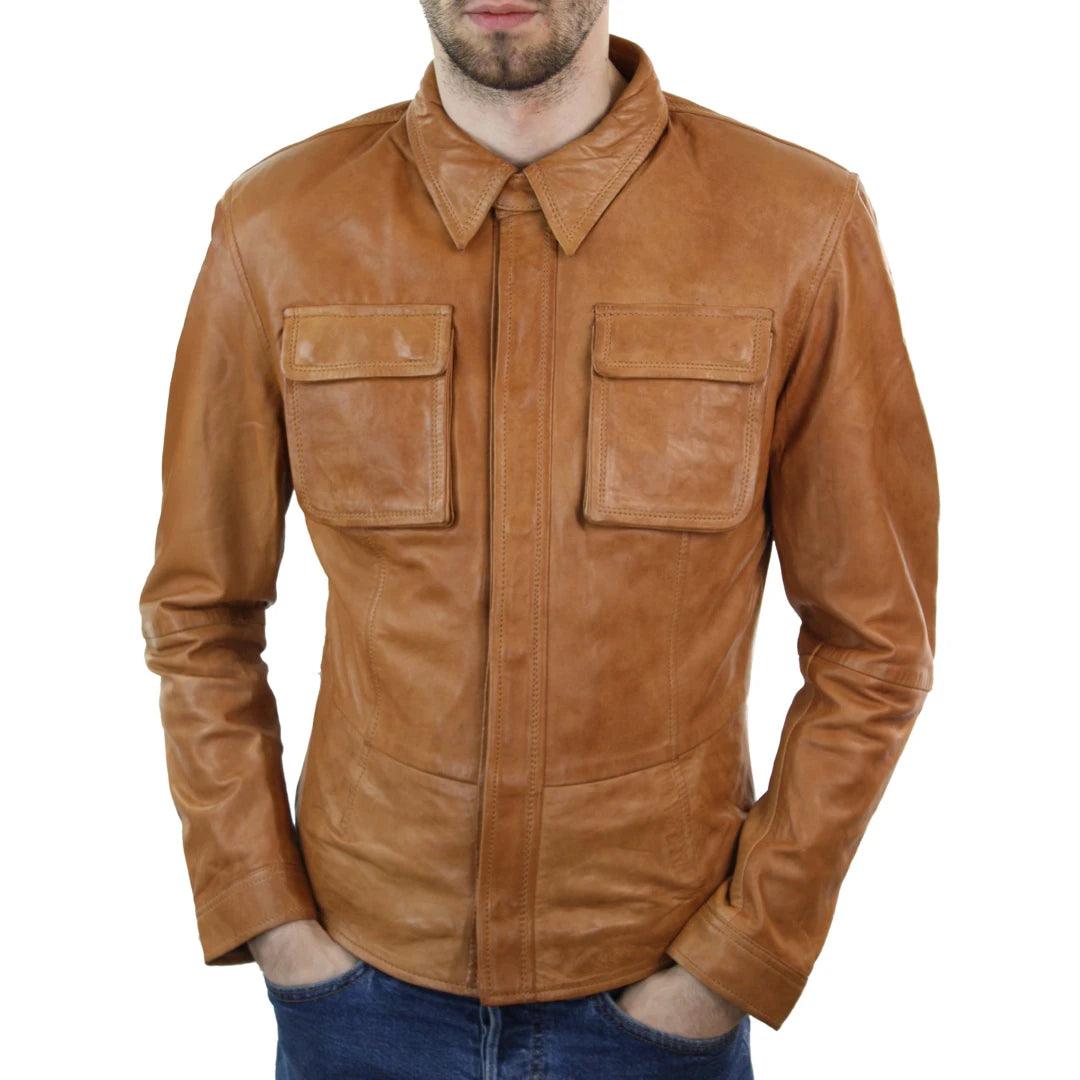 Mens Fitted Vintage Shirt Style Retro Leather Jacket Tan Brown Casual - Knighthood Store