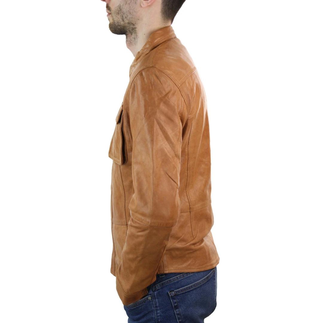 Mens Stud Shirt Real Leather Jacket Tan Grey Black Vintage Skinny Slim Fit Retro - Knighthood Store