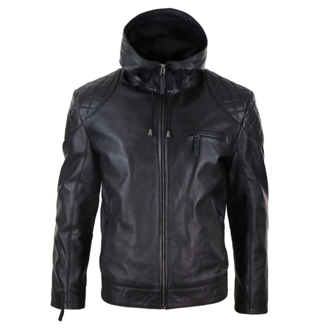 Mens Hood Biker Jacket Genuine Leather Casual Zip Retro Urban - Knighthood Store