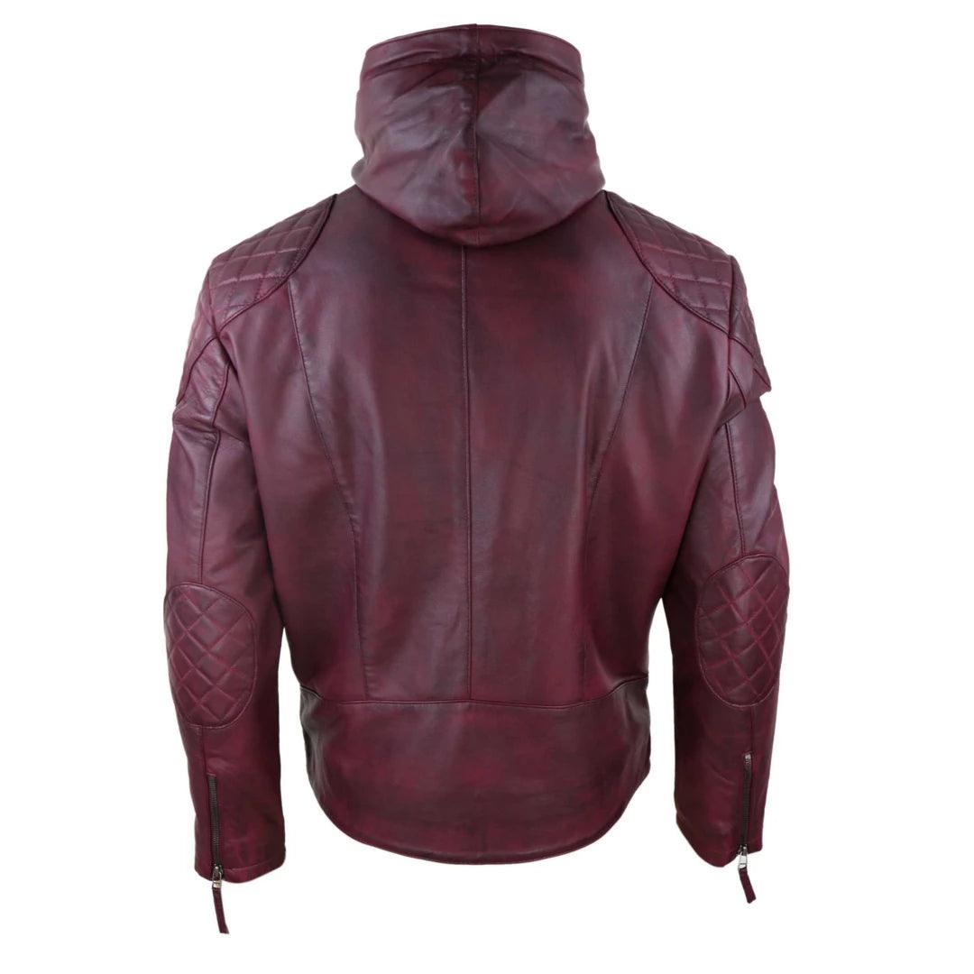 Mens Hood Biker Jacket Genuine Leather Casual Zip Retro Urban - Knighthood Store