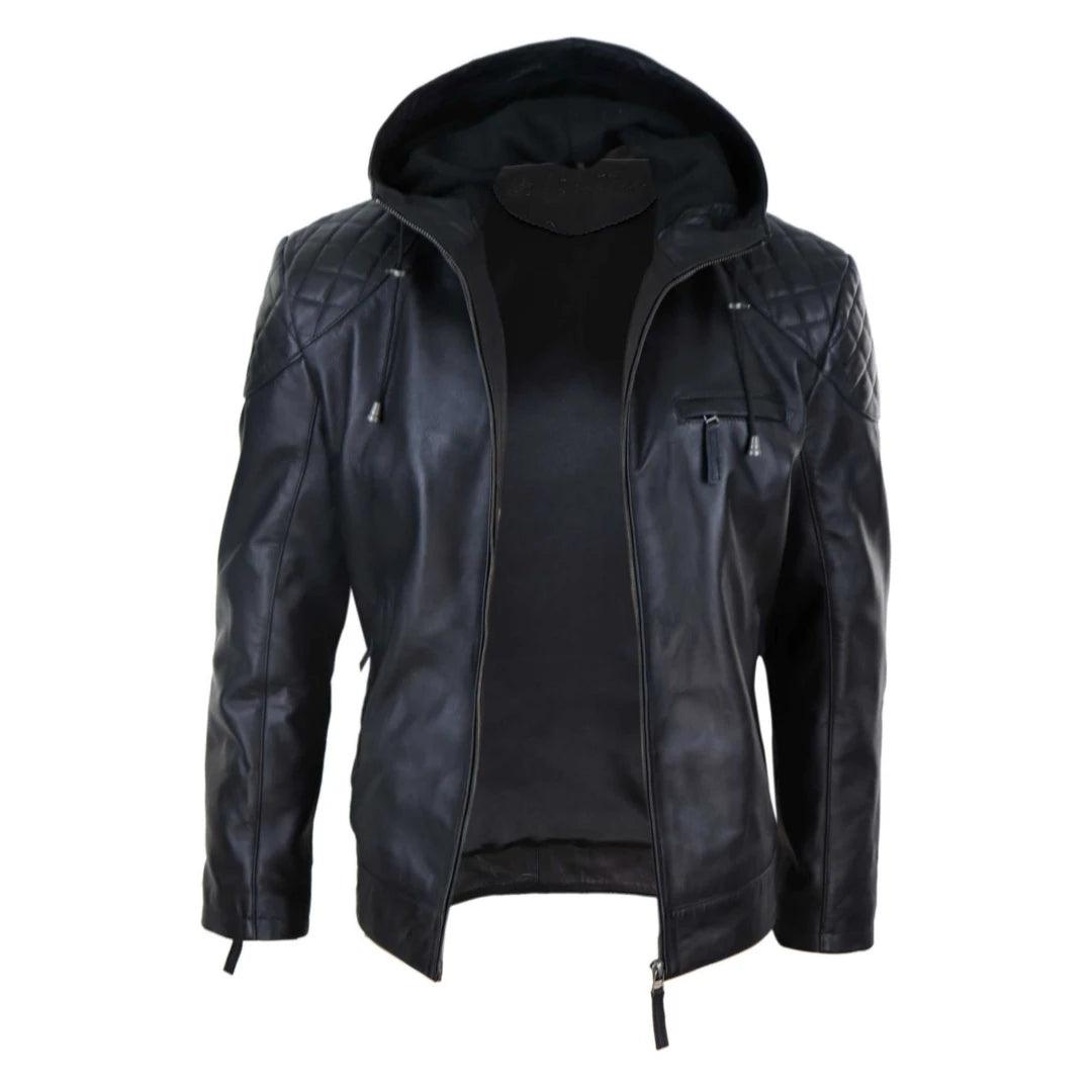 Mens Hood Biker Jacket Genuine Leather Casual Zip Retro Urban - Knighthood Store