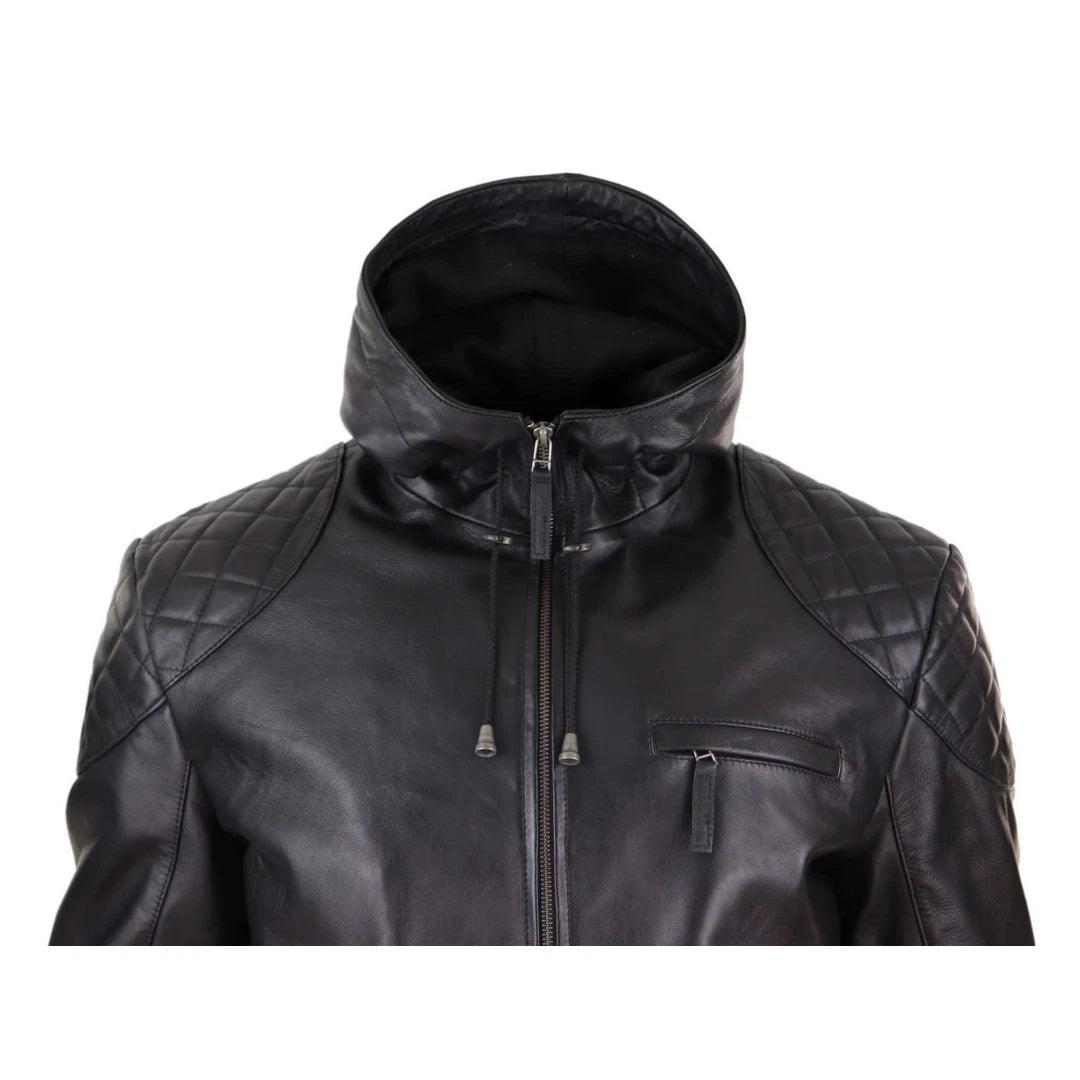 Mens Hood Biker Jacket Genuine Leather Casual Zip Retro Urban - Knighthood Store