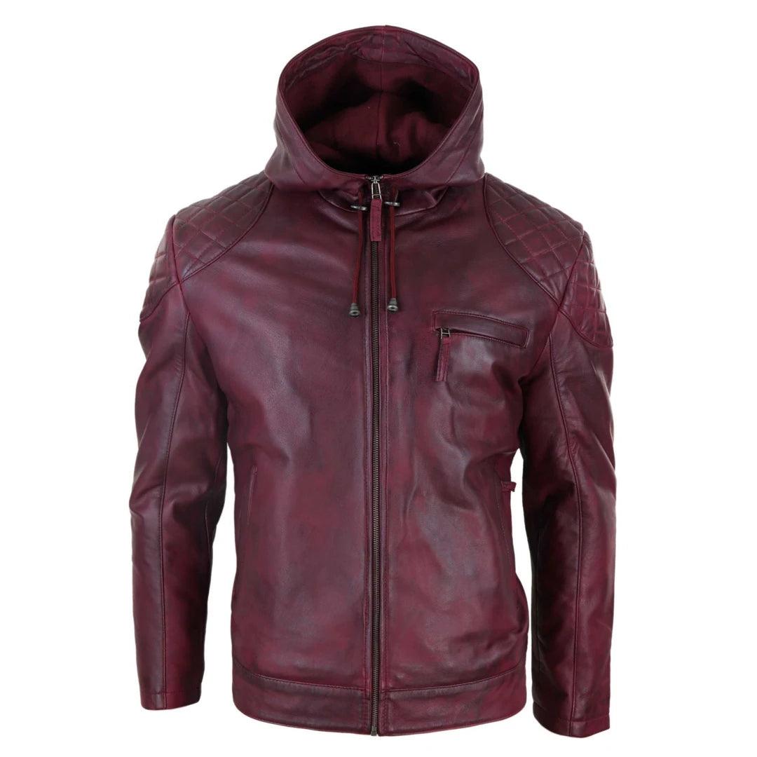 Mens Hood Biker Jacket Genuine Leather Casual Zip Retro Urban - Knighthood Store