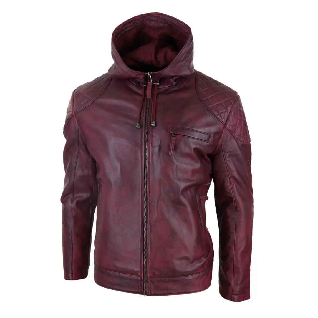 Mens Hood Biker Jacket Genuine Leather Casual Zip Retro Urban - Knighthood Store