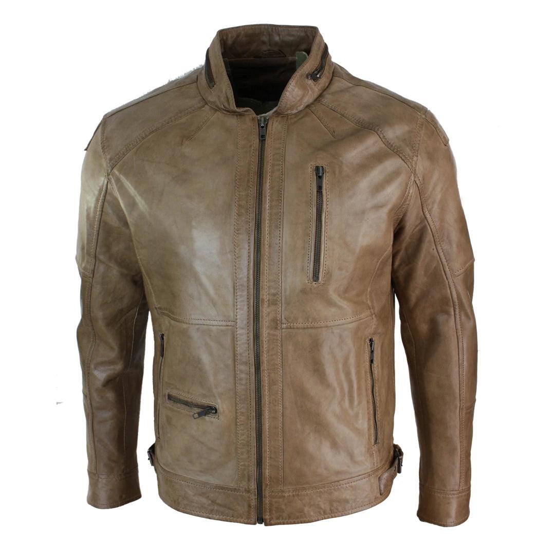 Mens Zipped Biker Style Smart Casual Real Leather Jacket Black Brown Olive Urban - Knighthood Store