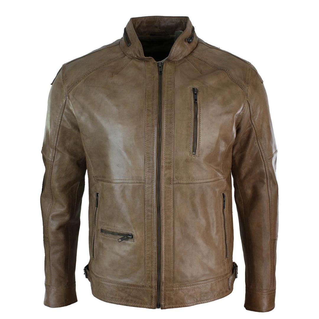 Mens Zipped Biker Style Smart Casual Real Leather Jacket Black Brown Olive Urban - Knighthood Store