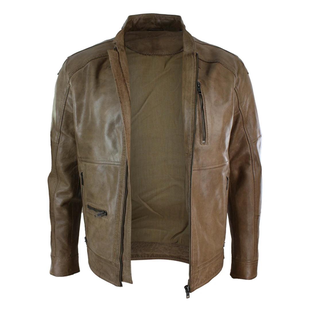 Mens Zipped Biker Style Smart Casual Real Leather Jacket Black Brown Olive Urban - Knighthood Store