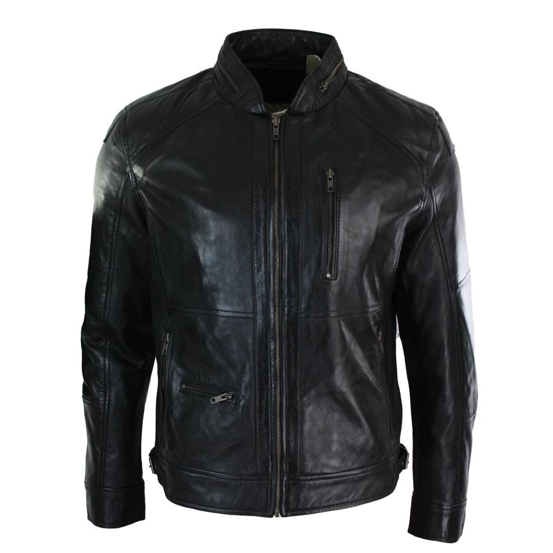 Mens Zipped Biker Style Smart Casual Real Leather Jacket Black Brown Olive Urban - Knighthood Store