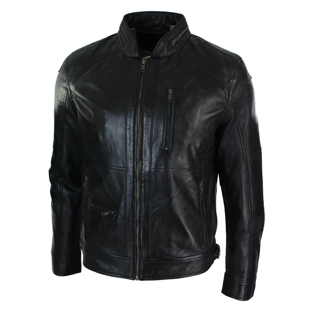 Mens Zipped Biker Style Smart Casual Real Leather Jacket Black Brown Olive Urban - Knighthood Store