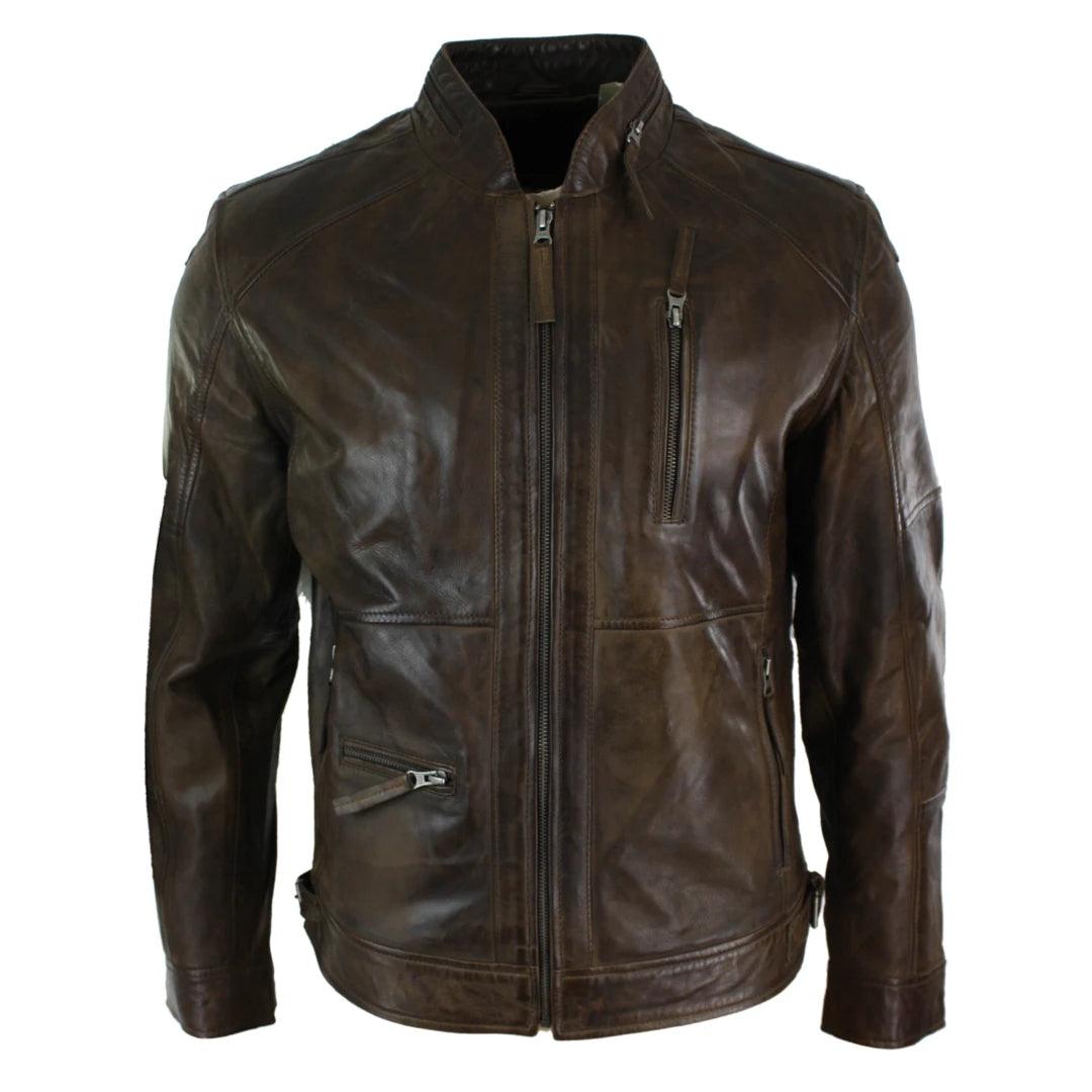 Mens Zipped Biker Style Smart Casual Real Leather Jacket Black Brown Olive Urban - Knighthood Store