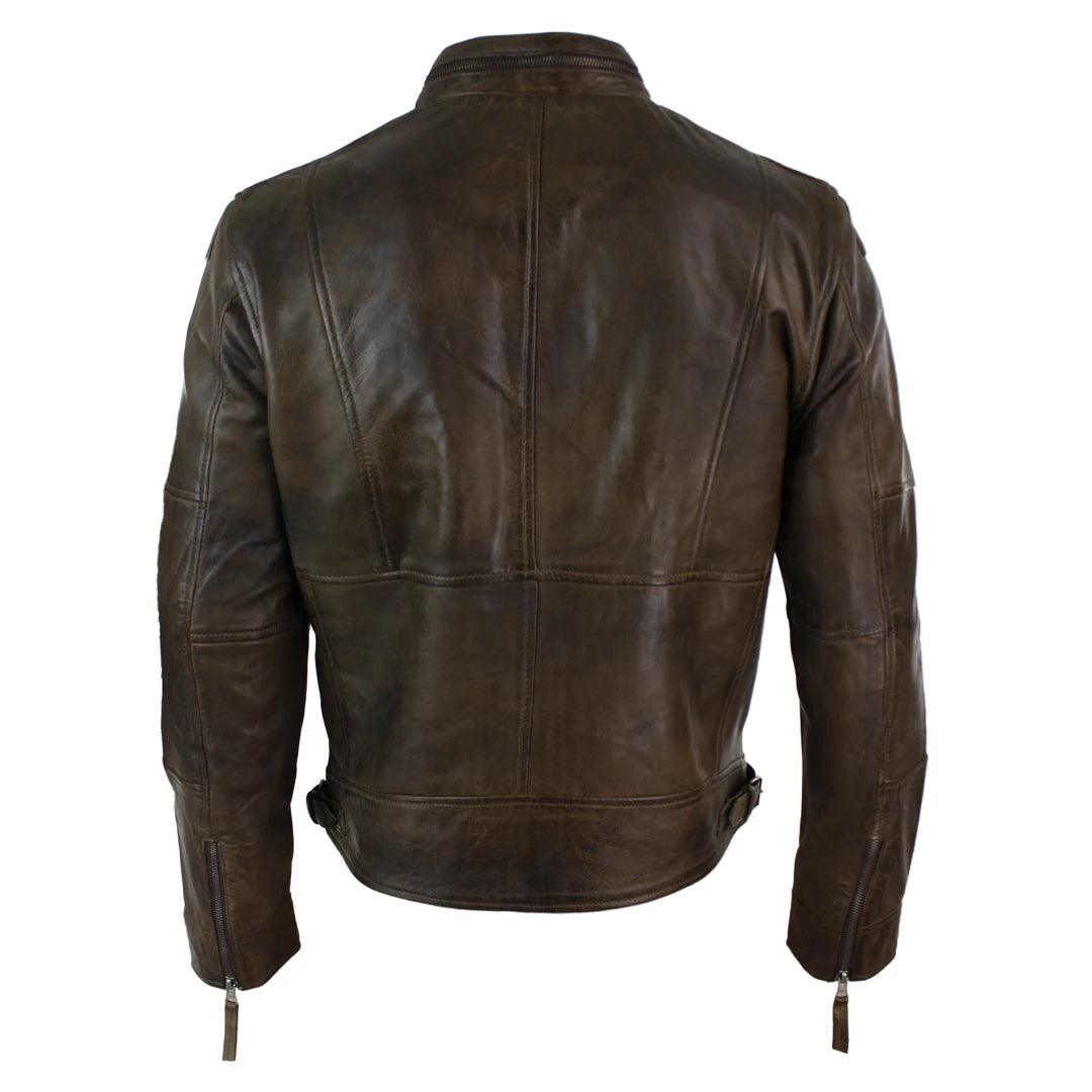 Mens Zipped Biker Style Smart Casual Real Leather Jacket Black Brown Olive Urban - Knighthood Store