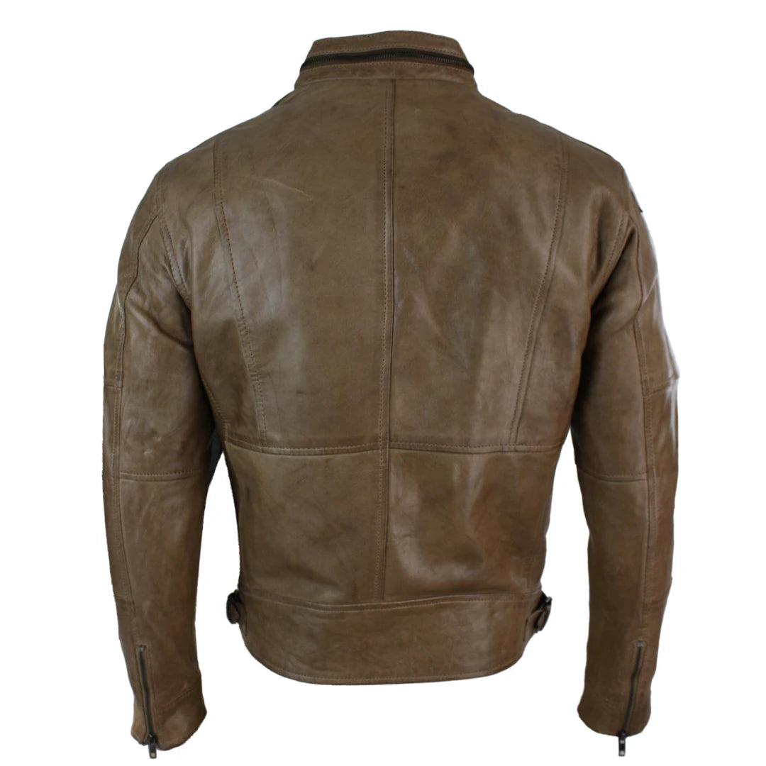 Mens Zipped Biker Style Smart Casual Real Leather Jacket Black Brown Olive Urban - Knighthood Store