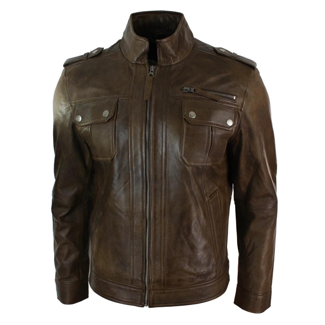 Mens Short Zipped Military Army Style Real Leather Jacket Black Brown - Knighthood Store