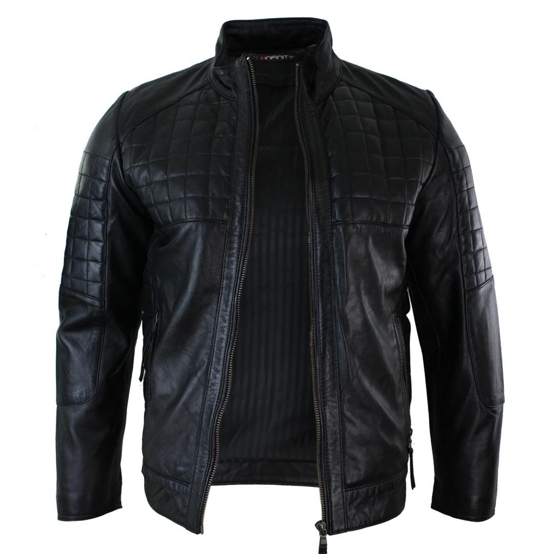 Mens Tailored Fit Real Leather Stitch Designer Real Leather Zipped Biker Jacket - Knighthood Store