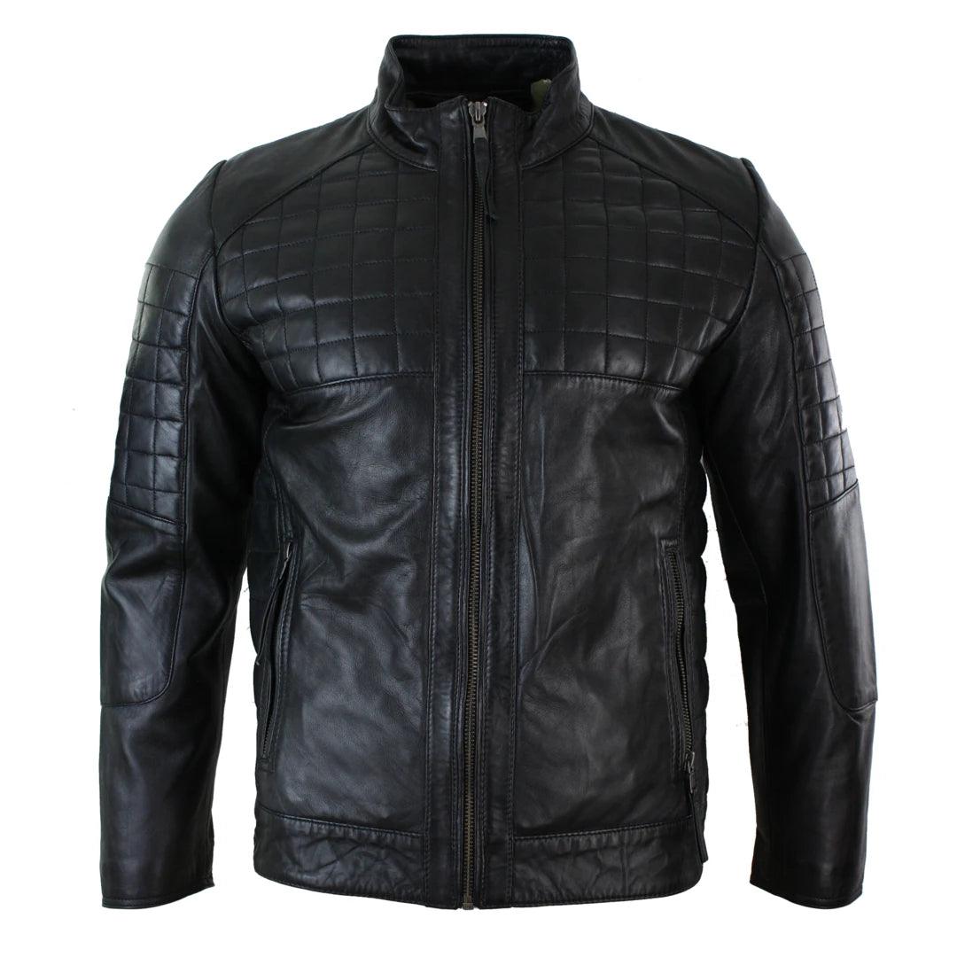 Mens Tailored Fit Real Leather Stitch Designer Real Leather Zipped Biker Jacket - Knighthood Store