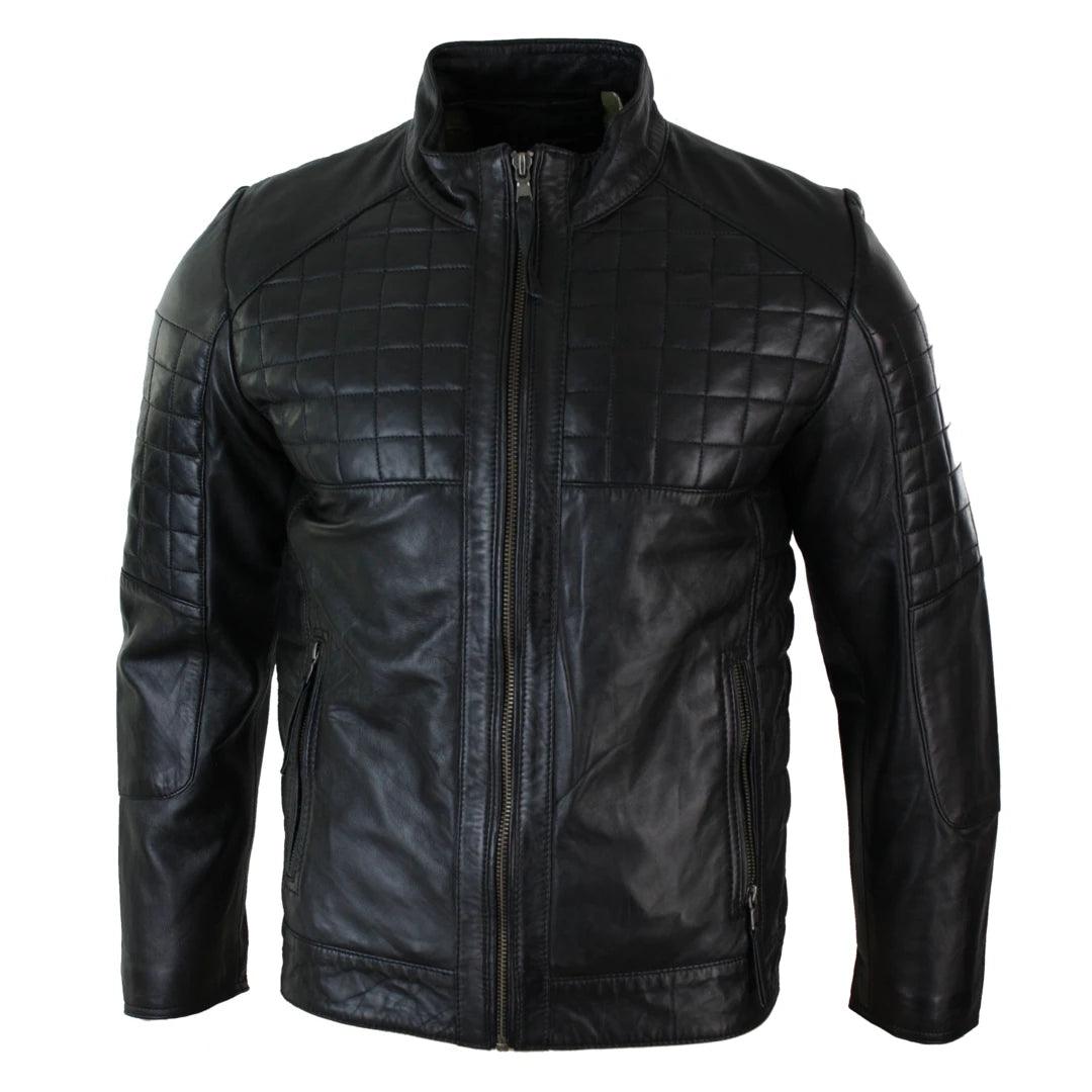 Mens Tailored Fit Real Leather Stitch Designer Real Leather Zipped Biker Jacket - Knighthood Store