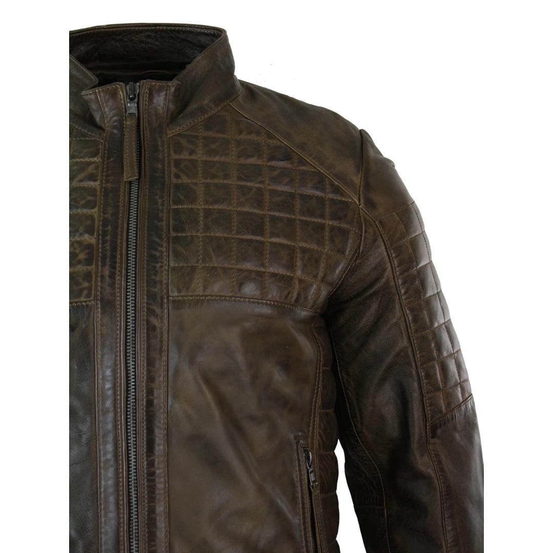 Mens Tailored Fit Real Leather Stitch Designer Real Leather Zipped Biker Jacket - Knighthood Store