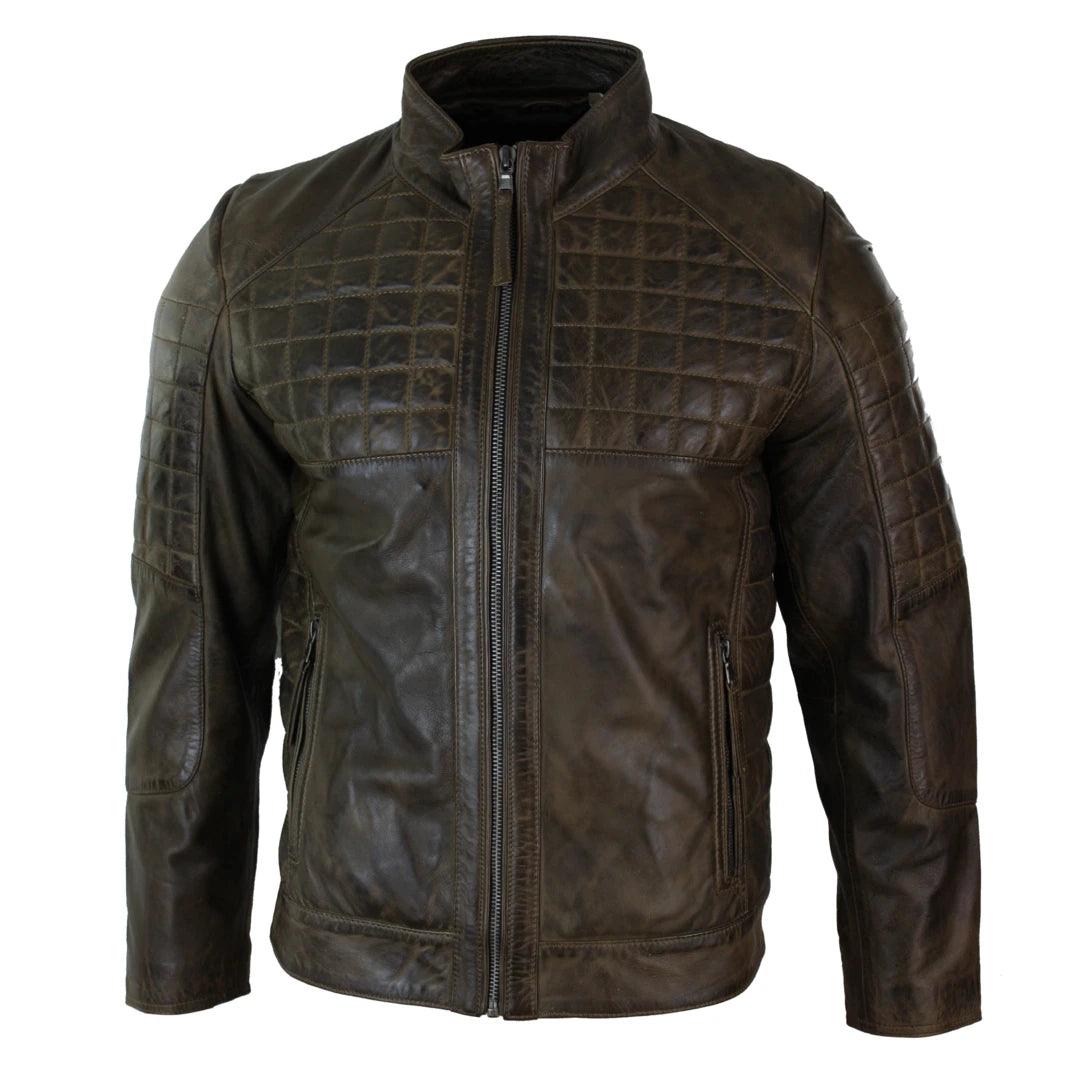 Mens Tailored Fit Real Leather Stitch Designer Real Leather Zipped Biker Jacket - Knighthood Store