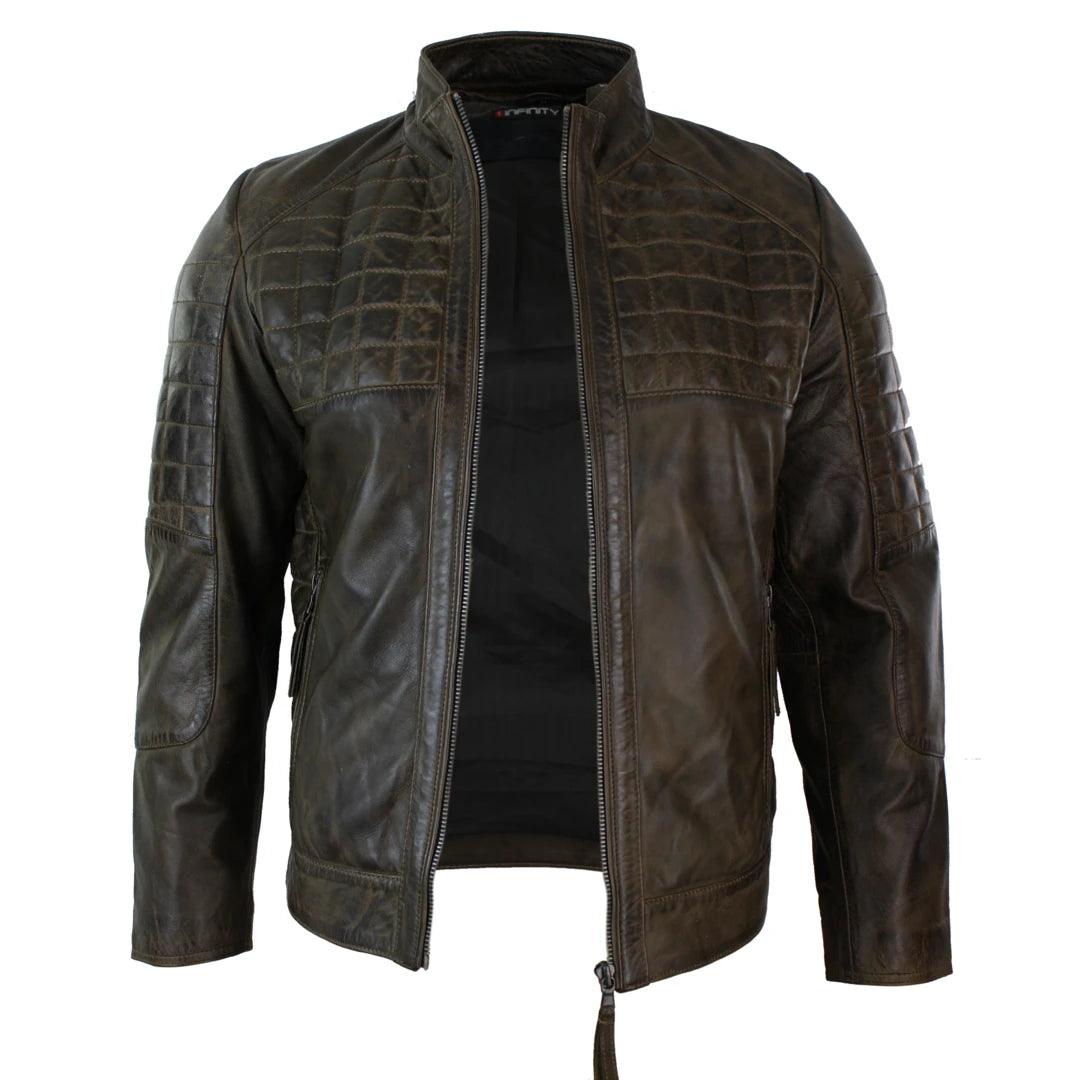 Mens Tailored Fit Real Leather Stitch Designer Real Leather Zipped Biker Jacket - Knighthood Store