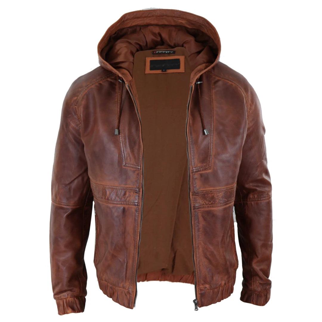 Mens Real Leather Hood Bomber Jacket Tan Brown Black Zipped Tailored Fit Casual - Knighthood Store