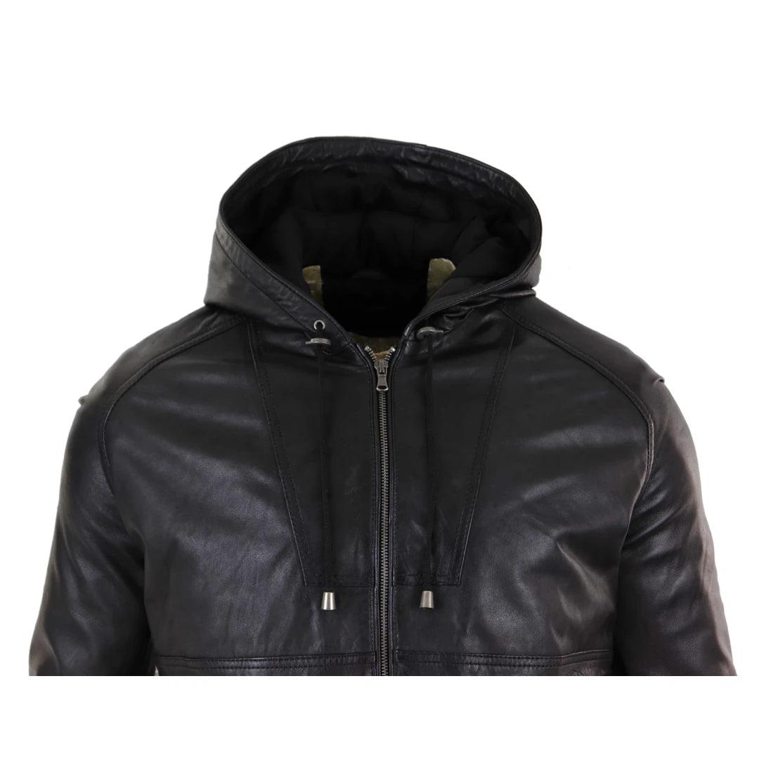 Mens Real Leather Hood Bomber Jacket Tan Brown Black Zipped Tailored Fit Casual - Knighthood Store