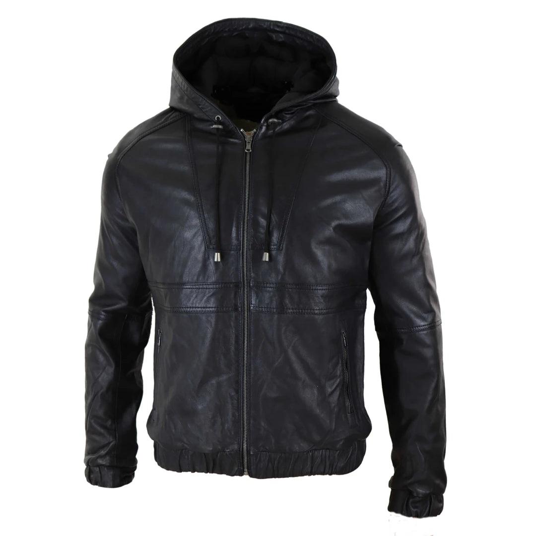 Mens Real Leather Hood Bomber Jacket Tan Brown Black Zipped Tailored Fit Casual - Knighthood Store
